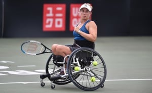 Lucy Shuker celebrating after winning a point during  her women's singles quarter-final match at the 2022 British Open