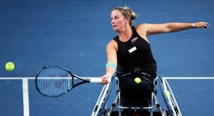 Lucy Shucker of Great Britain plays a shot against Diede de Groot and Jiske Griffioen of Netherlands in the women's doubles final during the Lexus British Open Wheelchair Tennis Championships at Lexus Nottingham Tennis Centre on August 05, 2023 in Nottingham, England.