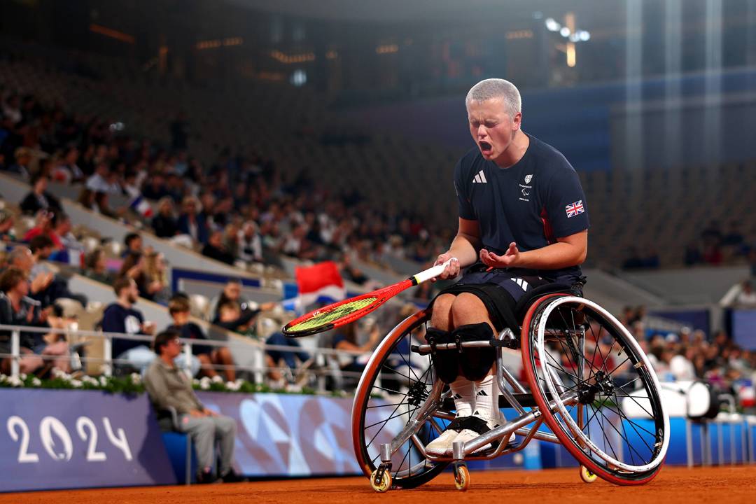 Ben Bartram of Team Great Britain or Paralympics GB celebrates a point as he compete against Guilhem Laget of Team France during their Men's Singles First Round match on day two of the Paris 2024 Summer Paralympic Games at Roland Garros on August 30, 2024 in Paris, France. 