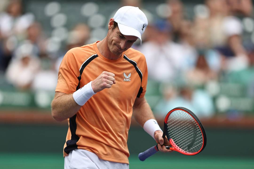 Andy Murray celebrates an opning round win against David Goffin at the BNP Paribas Open