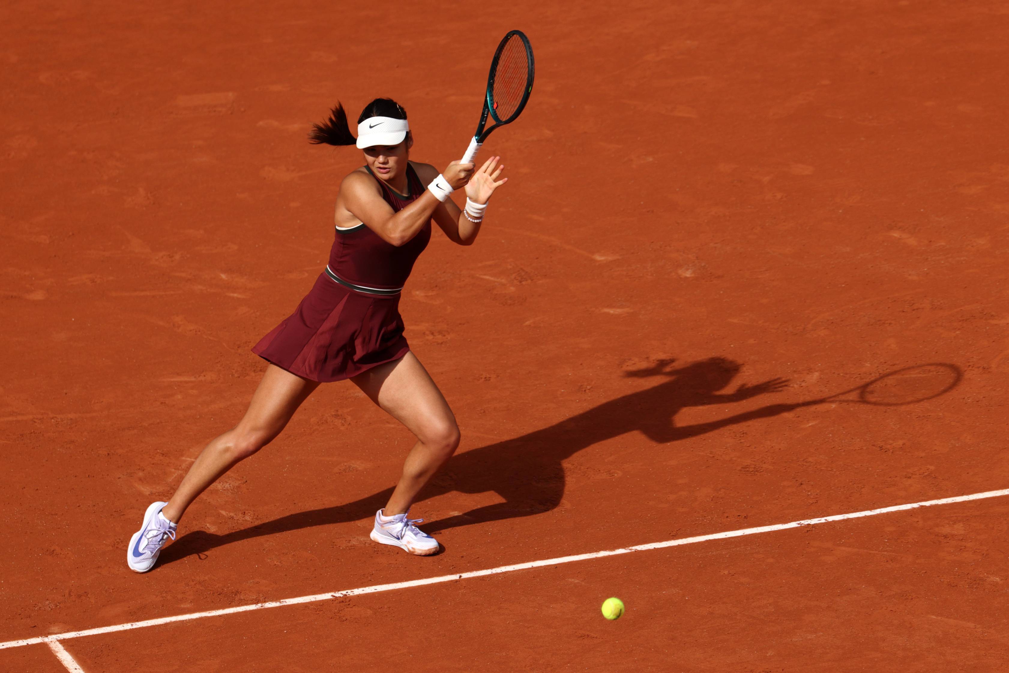 Emma Raducanu hits a forehand in the second round at Roland Garros