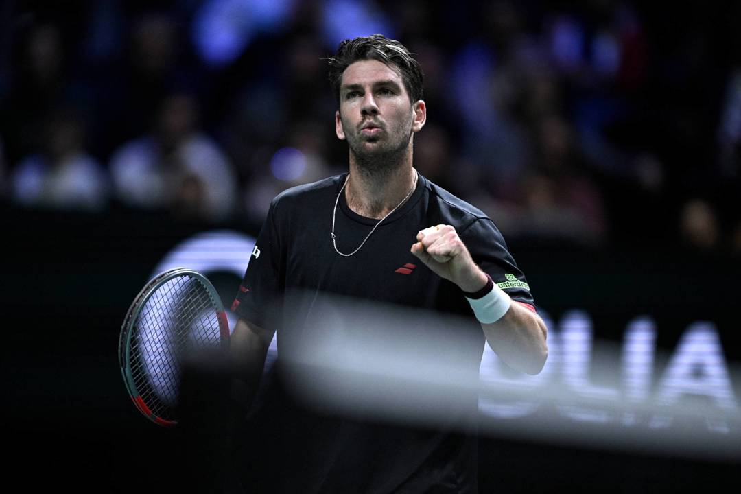 Cam Norrie gives a fist pump in action at the Rolex Paris Masters
