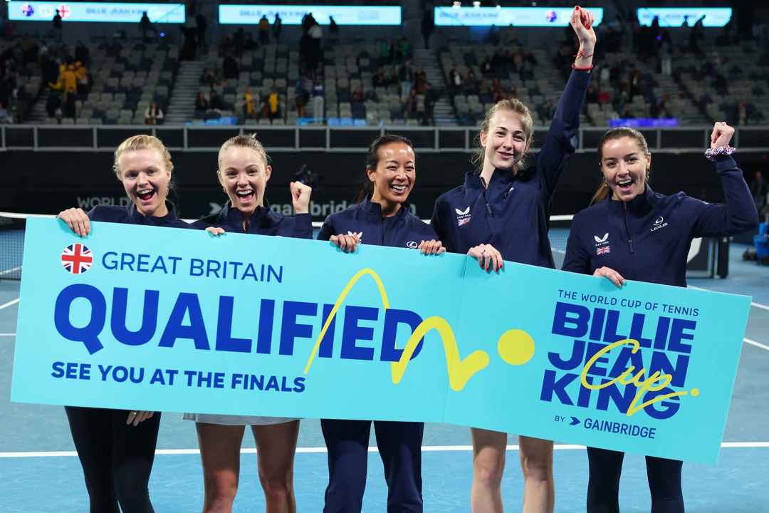 The GB Billie Jean King Cup team holding up the qualified sign after beating Australia