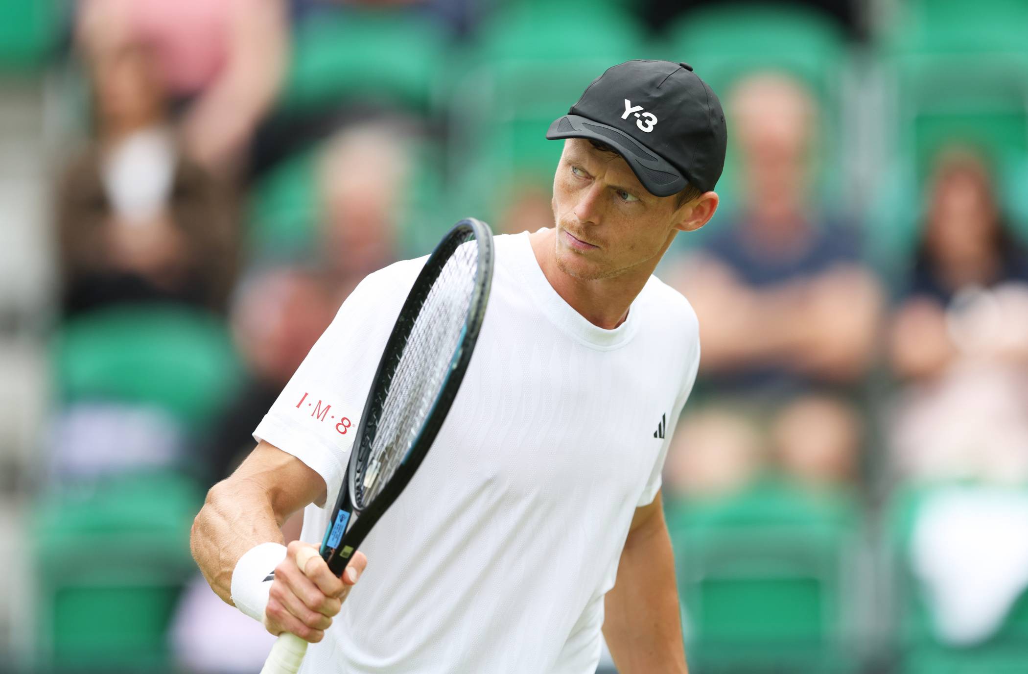 Billy Harris shakes his racket in celebration in the second round of the Lexus Nottingham Open