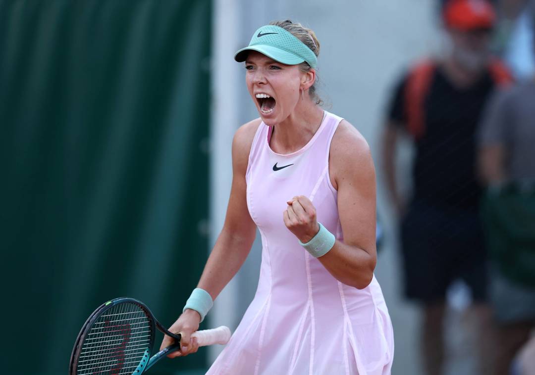 Katie Boulter roars in celebration during a first round win at Roland Garros