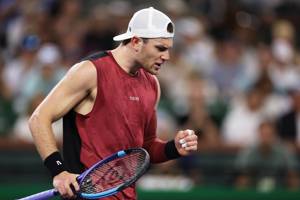 Jack Draper gives a fist pump in celebration during the fourth round at Indian Wells