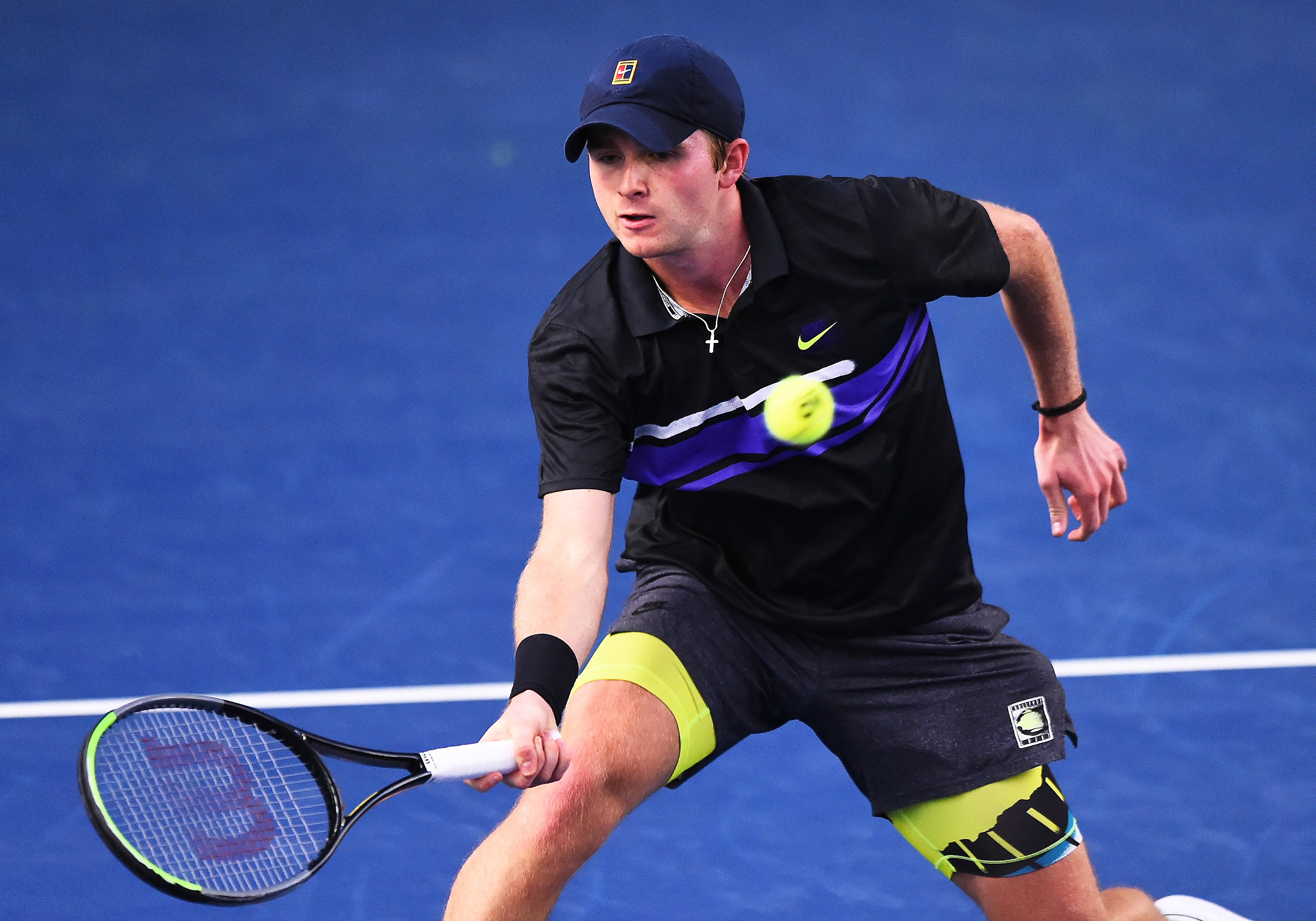 Aidan McHugh plays a forehand shot during their round robin match against Jack Pinnington Jones during Day Four of the Battle of the Brits Premier League of Tennis at the National Tennis Centre on 23 December 2020.